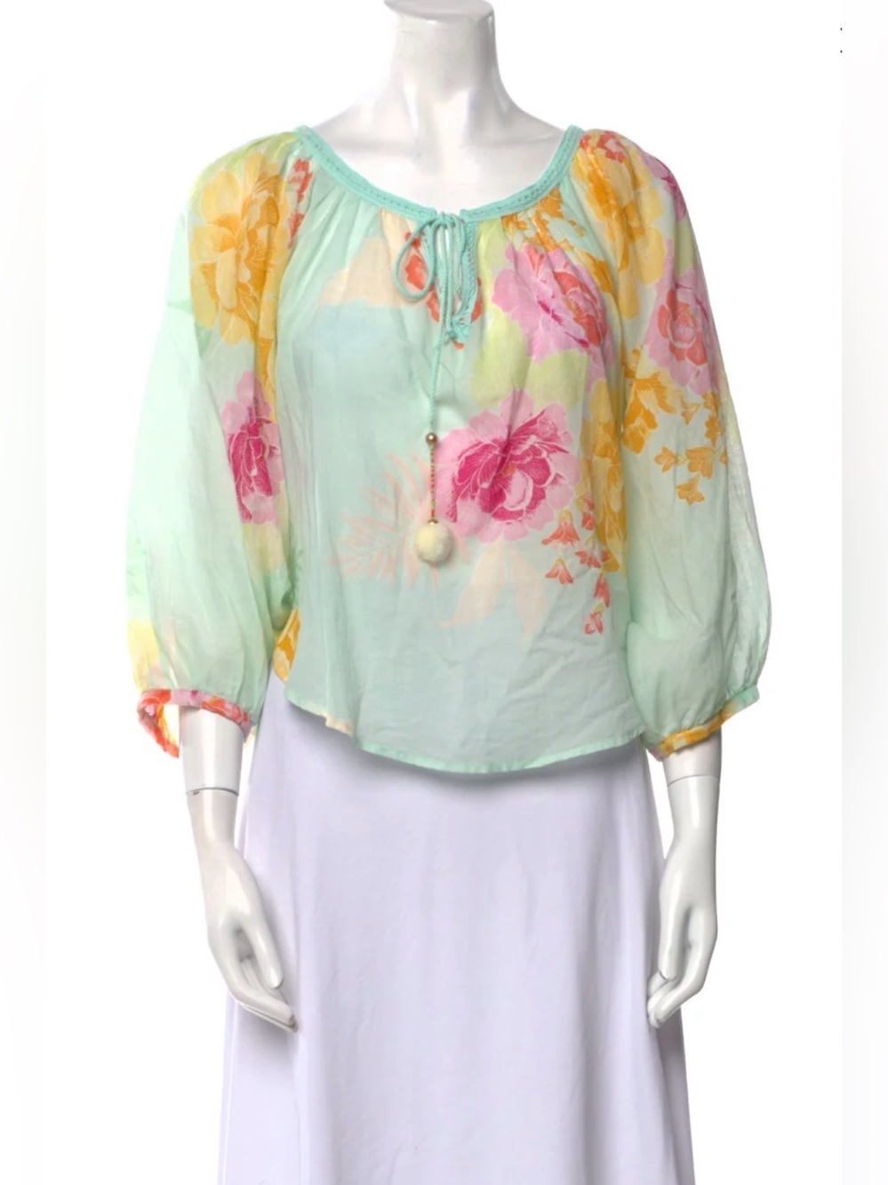 FARM Rio Mint Sheer Floral Peasant Blouse with Tie Pom